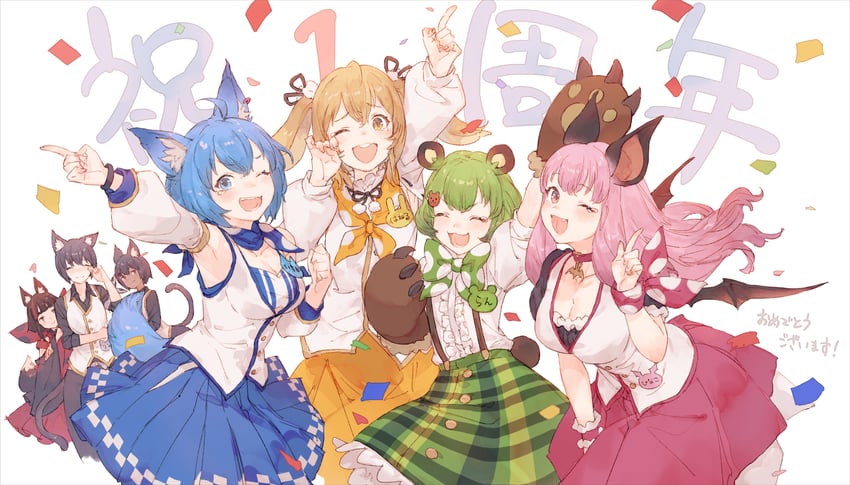 souya ichika, hinokuma ran, umori hinako, inaba haneru, inari kuromu, and 2 more (nanashi inc. and 1 more) drawn by junwool