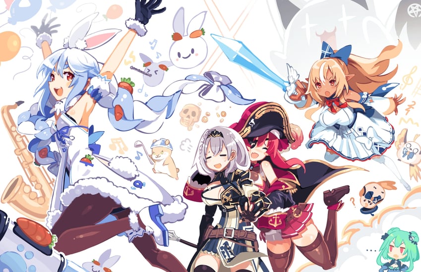 houshou marine, usada pekora, shirogane noel, uruha rushia, shiranui flare, and 6 more (hololive) drawn by anzu_(anzuhan)