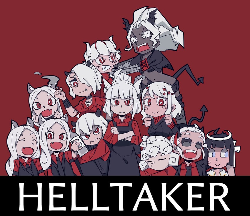 lucifer, modeus, justice, cerberus, judgement, and 5 more (helltaker) drawn by makkusu_(minux302)