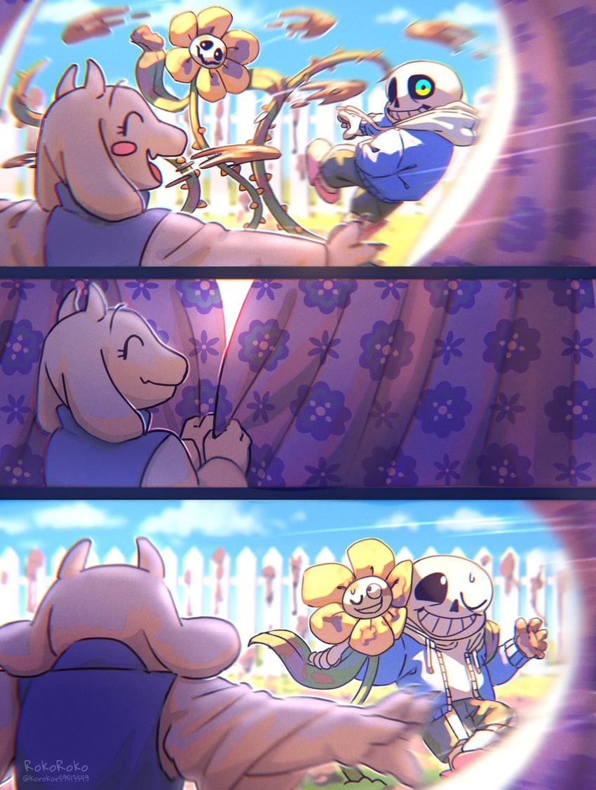 sans, toriel, and flowey (undertale) drawn by noah_(rokoroko)