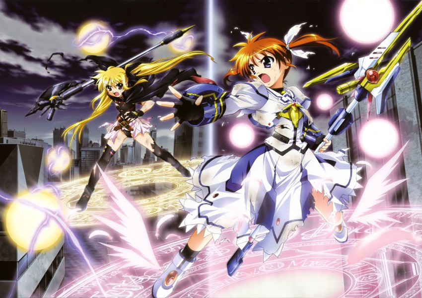 fate testarossa, takamachi nanoha, raising heart, and bardiche (lyrical nanoha and 2 more) drawn by okuda_yasuhiro
