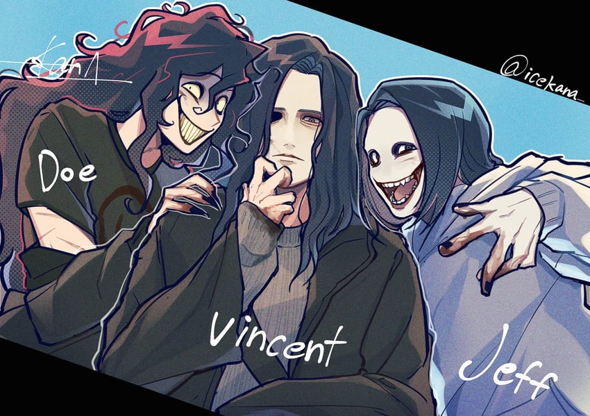 jeff the killer, john doe, and vincent (original and 2 more) drawn by icekana