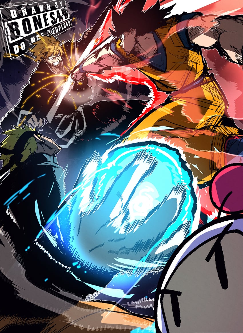 son goku, uzumaki naruto, kurosaki ichigo, and white bomberman (dragon ball and 5 more) drawn by bonesaw_(rdkshinku)