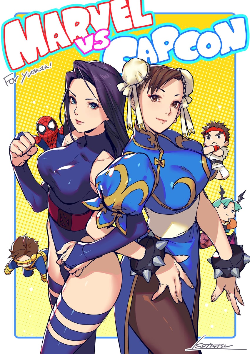 chun-li, morrigan aensland, ryu, spider-man, psylocke, and 1 more (street fighter and 7 more) drawn by kotatsu_(g-rough)
