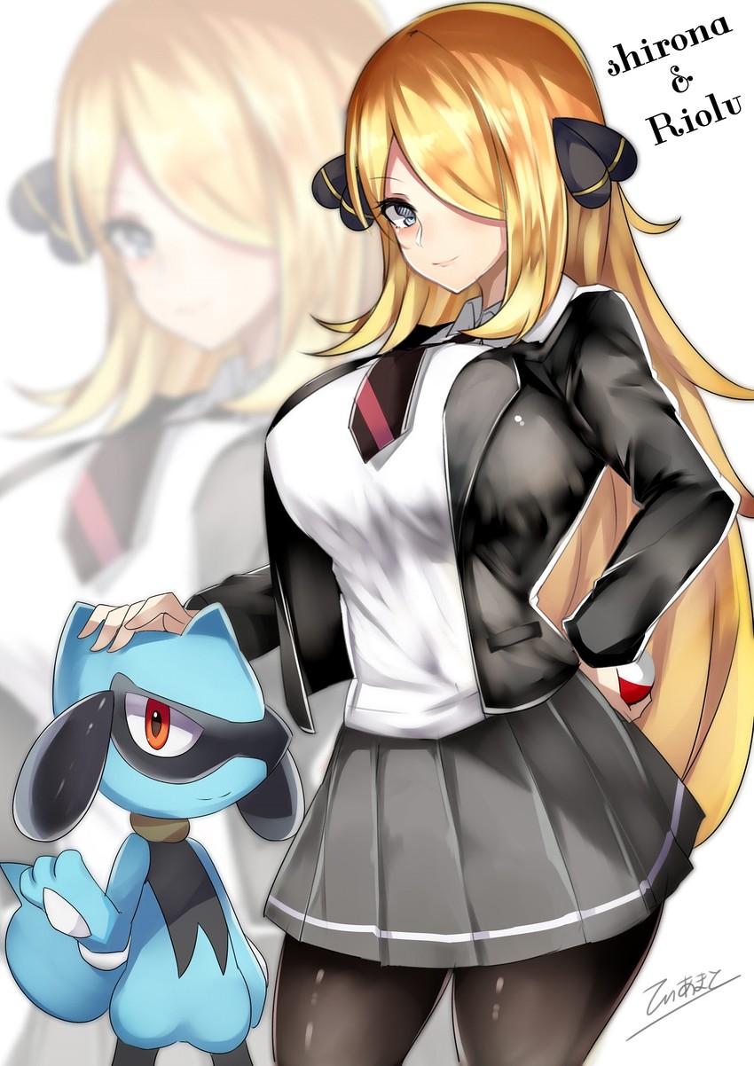 cynthia and riolu (pokemon and 1 more) drawn by tiamat_(momokuri_mannen)