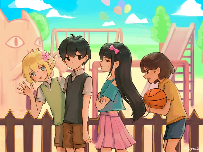 sunny, basil, aubrey, kel, and big yellow cat (omori) drawn by symzae