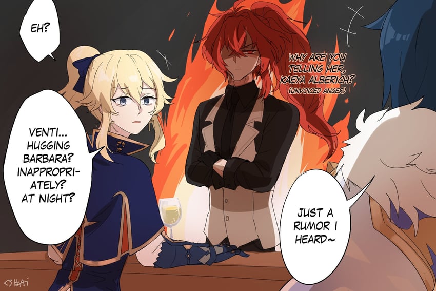 jean, diluc, and kaeya (genshin impact) drawn by kuroha_ai