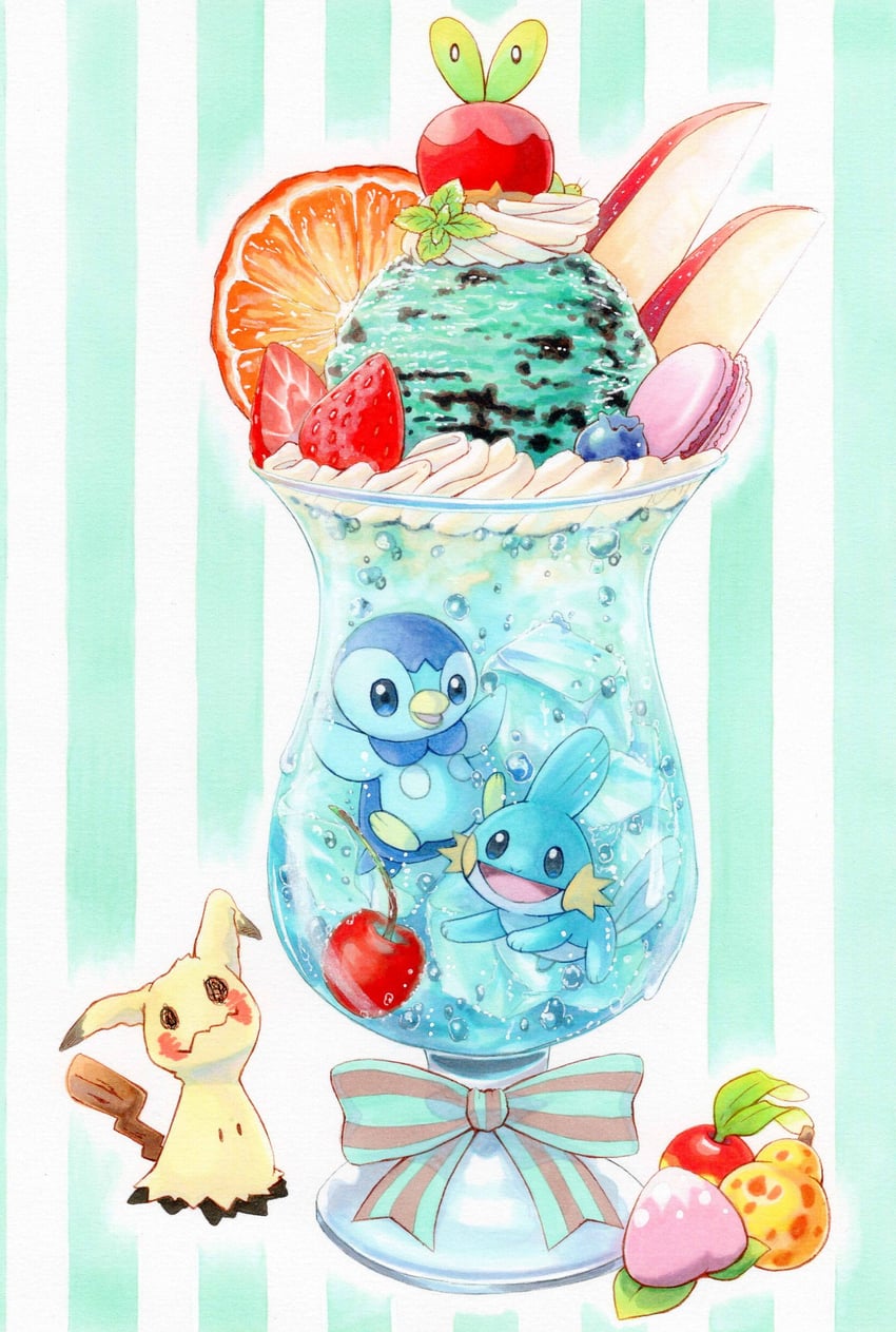 piplup, mimikyu, mudkip, and applin (pokemon) drawn by yuka_(yukaaaaaaa0705)