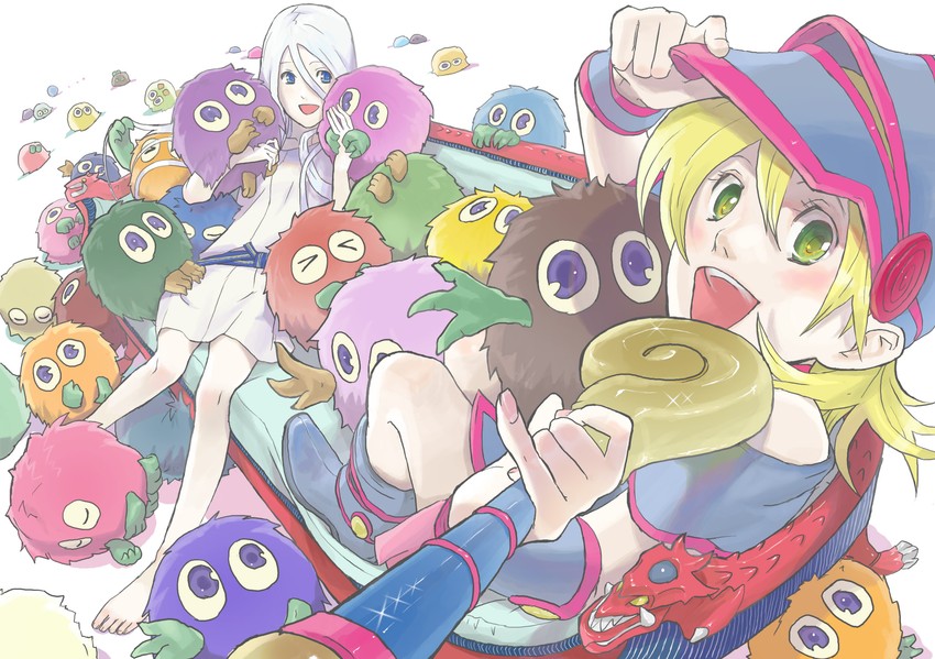 dark magician girl, kuriboh, kisara, osiris the sky dragon, kuribah, and 4 more (yu-gi-oh! and 1 more) drawn by nishihara_isao