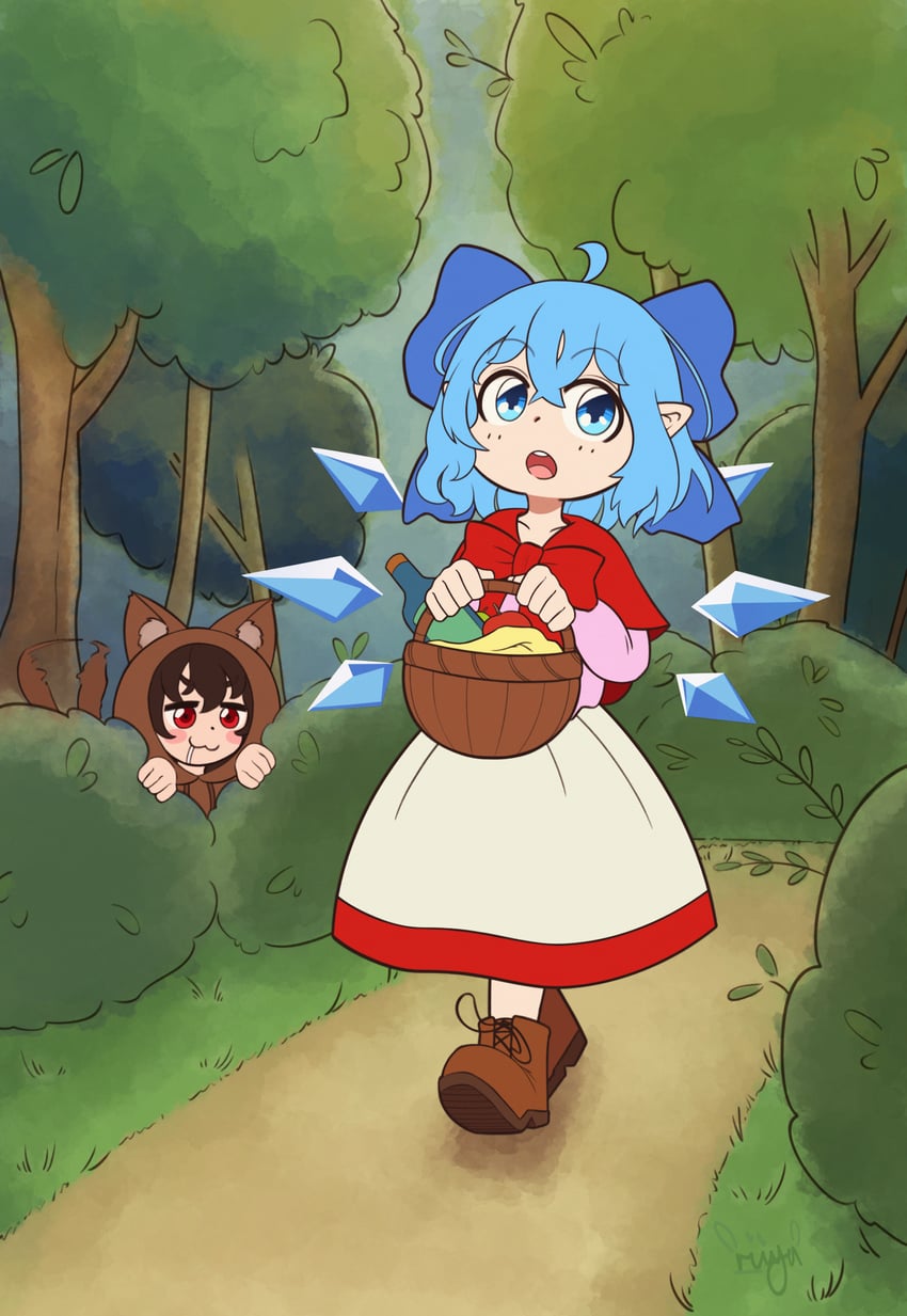 cirno, inaba tewi, little red riding hood, and big bad wolf (touhou and 1 more) drawn by riiya_(riiya932)