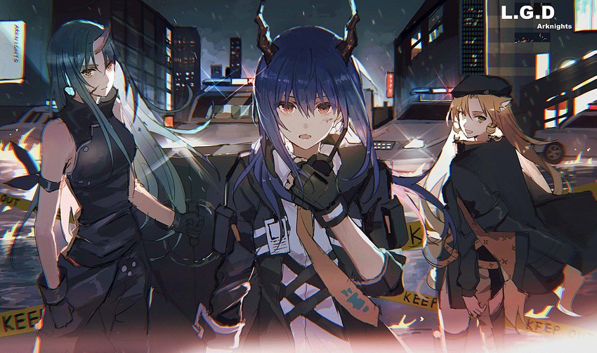 ch'en, hoshiguma, and swire (arknights) drawn by lococo:p