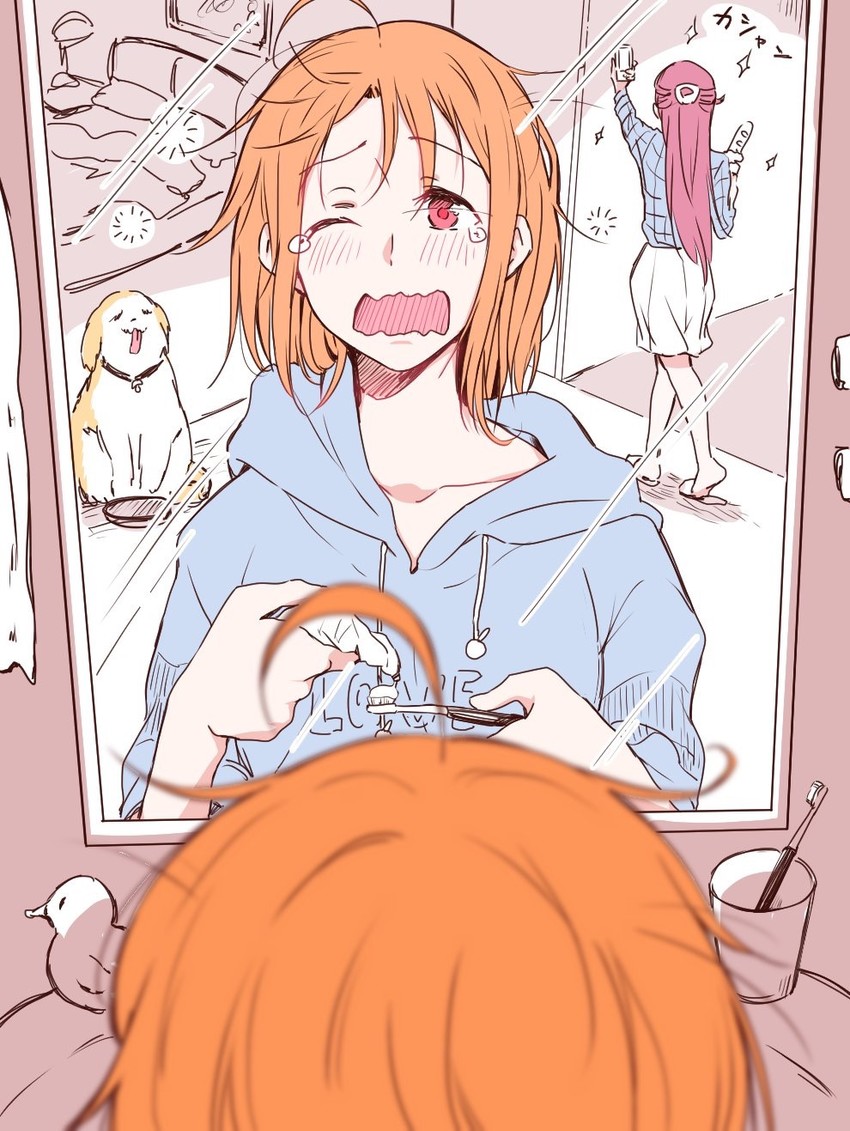 sakurauchi riko, takami chika, and shiitake (love live! and 1 more) drawn by kougi_hiroshi