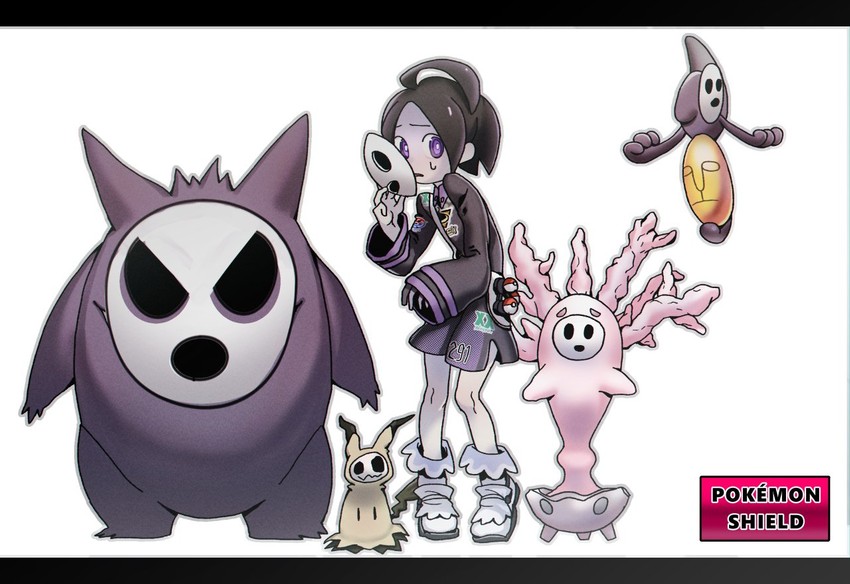 gengar, mimikyu, allister, yamask, and cursola (pokemon and 1 more) drawn by eshino_zombie