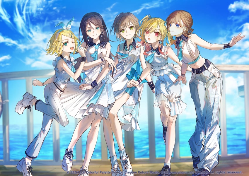 kagamine rin, tenma saki, hoshino ichika, mochizuki honami, hinomori shiho, and 1 more (vocaloid and 2 more) drawn by karanagare