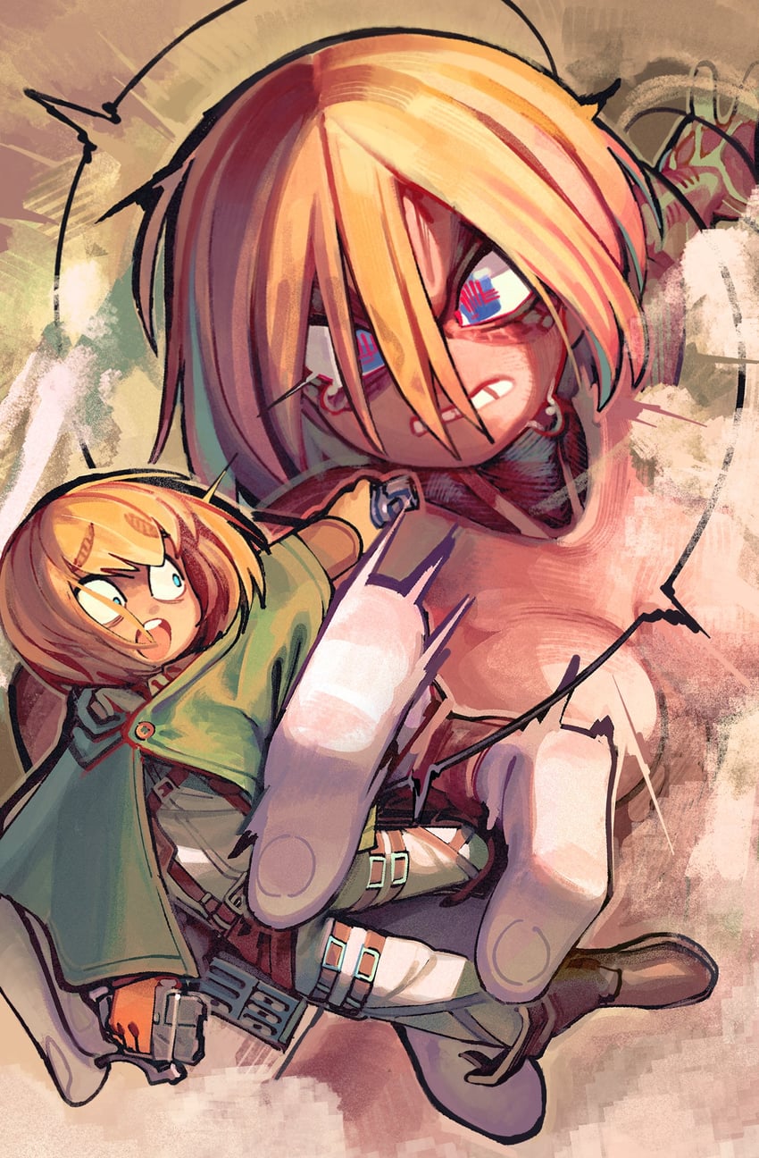 armin arlert, titan, and female titan (shingeki no kyojin) drawn by wamudraws
