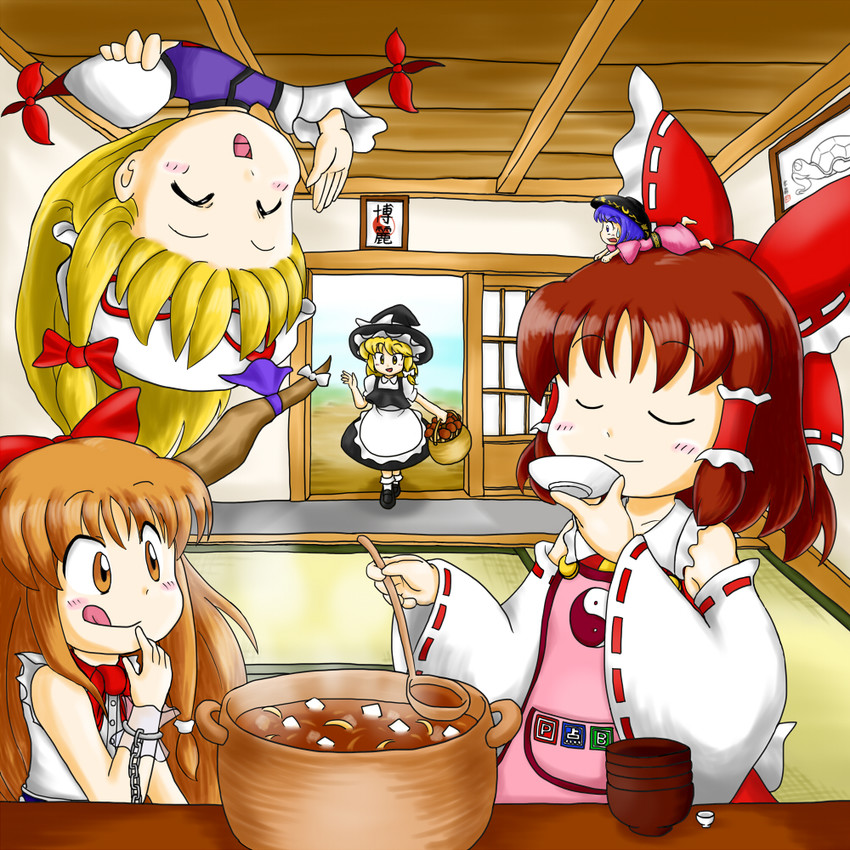 hakurei reimu, kirisame marisa, yakumo yukari, ibuki suika, sukuna shinmyoumaru, and 1 more (touhou) drawn by nitamago