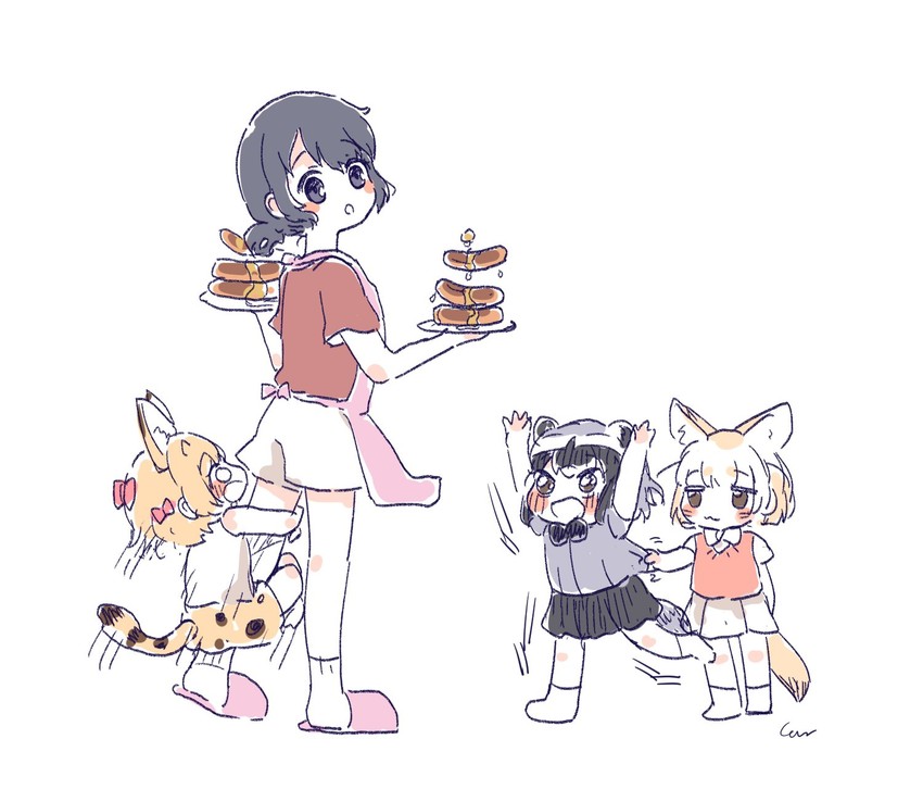 serval, kaban, common raccoon, and fennec (kemono friends) drawn by san_sami