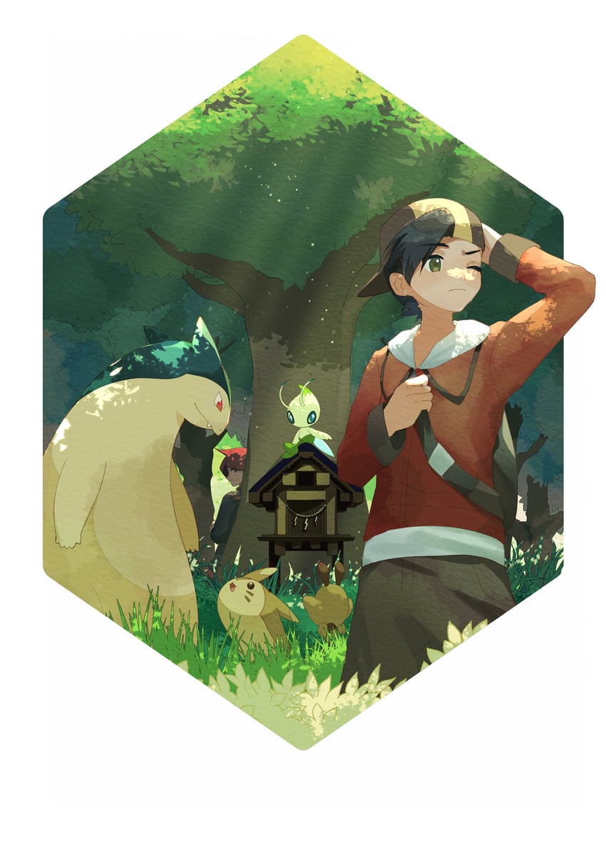 ethan, silver, furret, celebi, typhlosion, and 1 more (pokemon and 1 more) drawn by sapphire_ethu