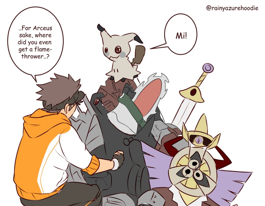 mimikyu, aegislash, and male protagonist (pokemon and 1 more) drawn by rainyazurehoodie