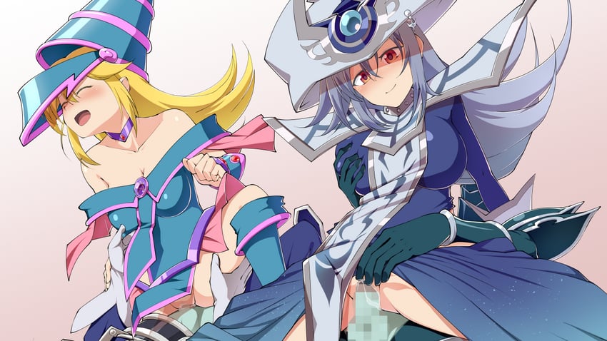 dark magician girl, silent magician, dark magician, and silent swordsman (yu-gi-oh!) drawn by mizutenka