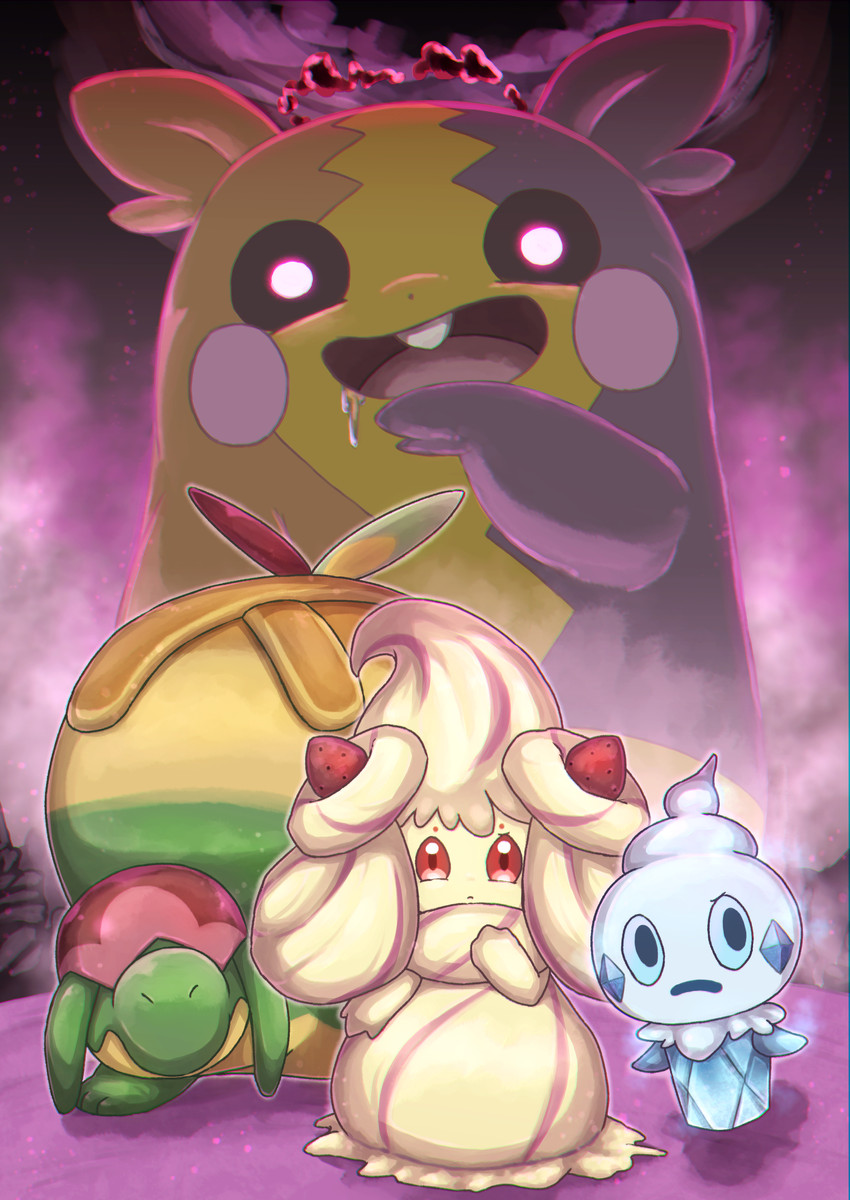 morpeko, alcremie, vanillite, and appletun (pokemon) drawn by kotobukkii_(yt_lvlv)