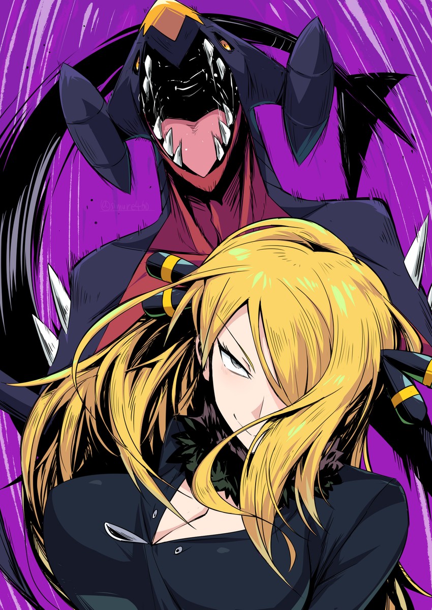 cynthia and garchomp (pokemon and 2 more) drawn by shimure_(460)