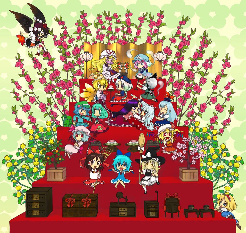 hakurei reimu, kirisame marisa, remilia scarlet, flandre scarlet, konpaku youmu, and 12 more (touhou) drawn by chako_(mocomoco10)