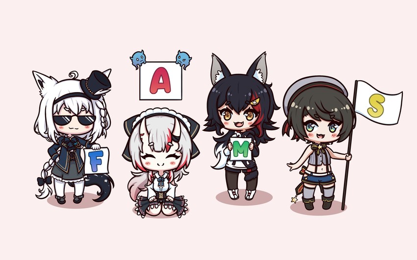 shirakami fubuki, ookami mio, oozora subaru, and nakiri ayame (hololive) drawn by ant_(db_antlion)