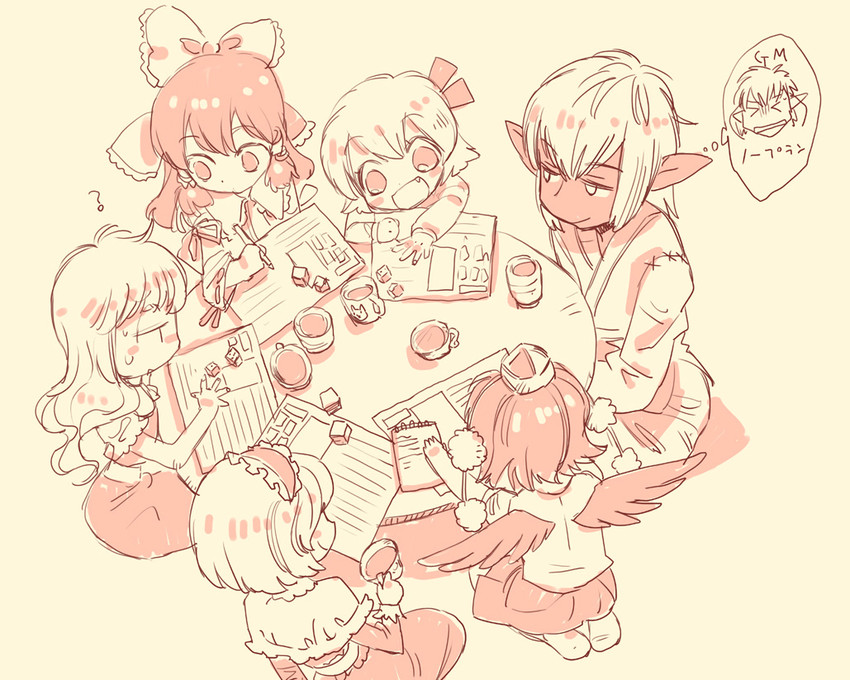 hakurei reimu, kirisame marisa, alice margatroid, shameimaru aya, rumia, and 1 more (touhou and 3 more) drawn by makaron