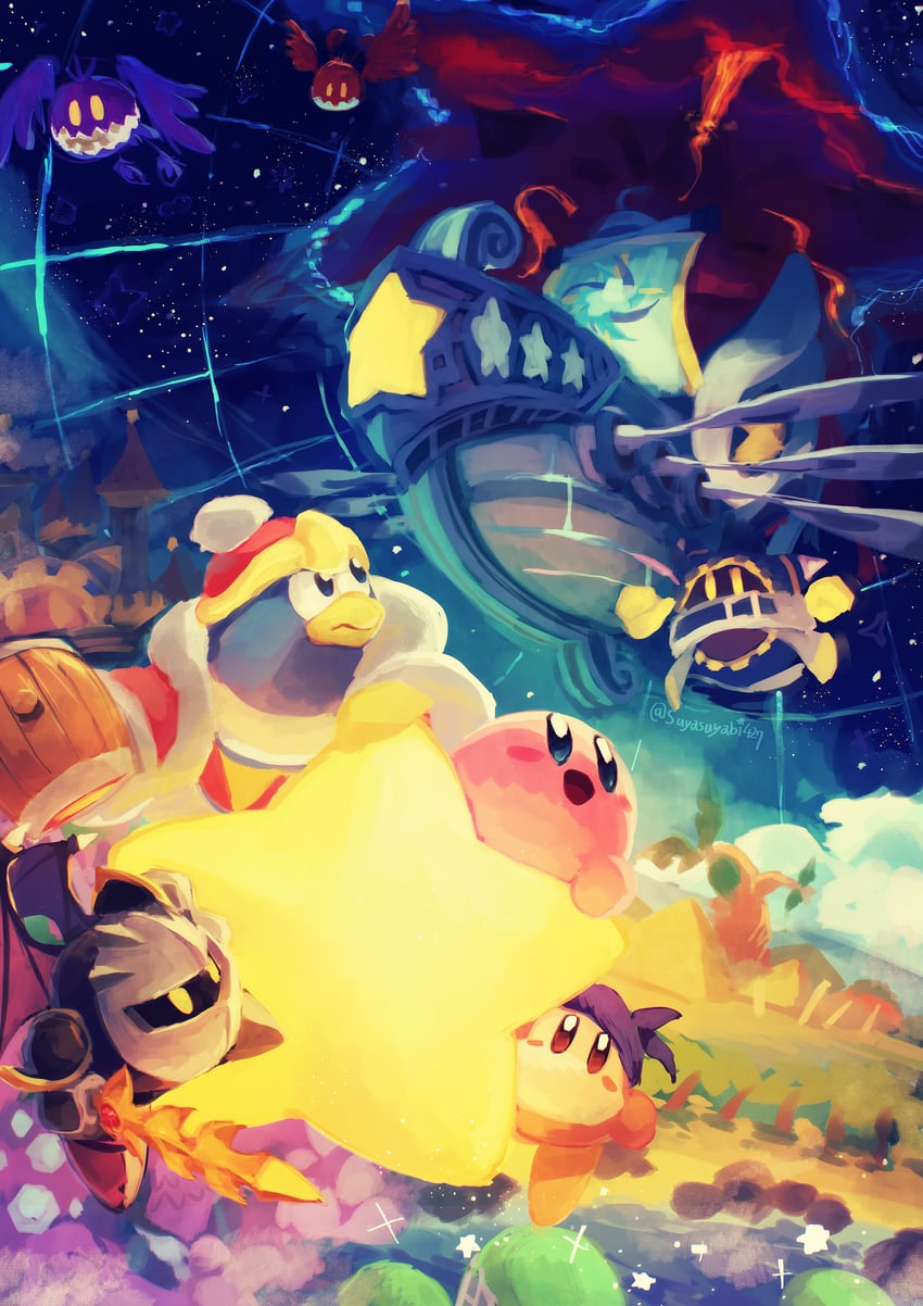 kirby, meta knight, king dedede, magolor, bandana waddle dee, and 2 more (kirby and 1 more) drawn by suyasuyabi