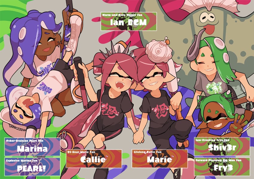 shiver, marina, callie, frye, marie, and 2 more (splatoon and 1 more) drawn by gomipomi