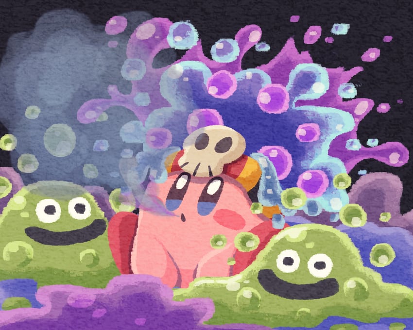 kirby, slime, bubble slime, and poison kirby (dragon quest and 1 more) drawn by miclot