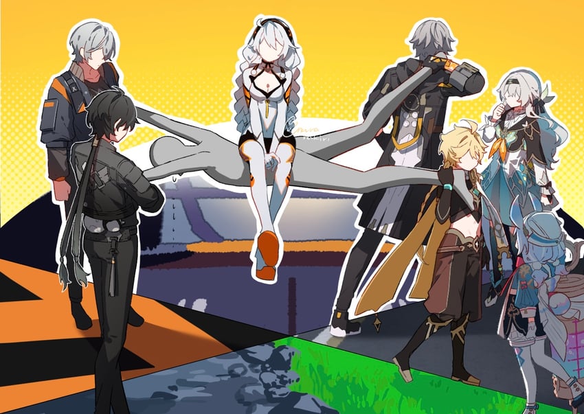 trailblazer, firefly, aether, kiana kaslana, caelus, and 4 more (genshin impact and 6 more) drawn by nara_nakiri