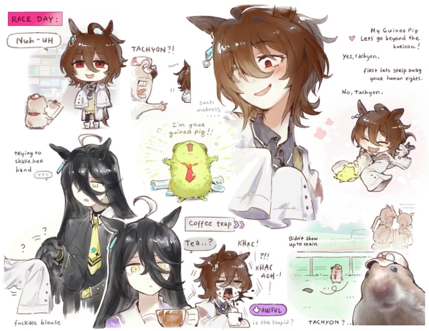trainer, agnes tachyon, and manhattan cafe (umamusume) drawn by hiru315