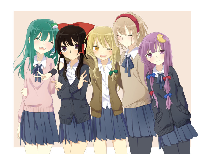 hakurei reimu, kirisame marisa, kochiya sanae, alice margatroid, and patchouli knowledge (touhou) drawn by tsuno_no_hito