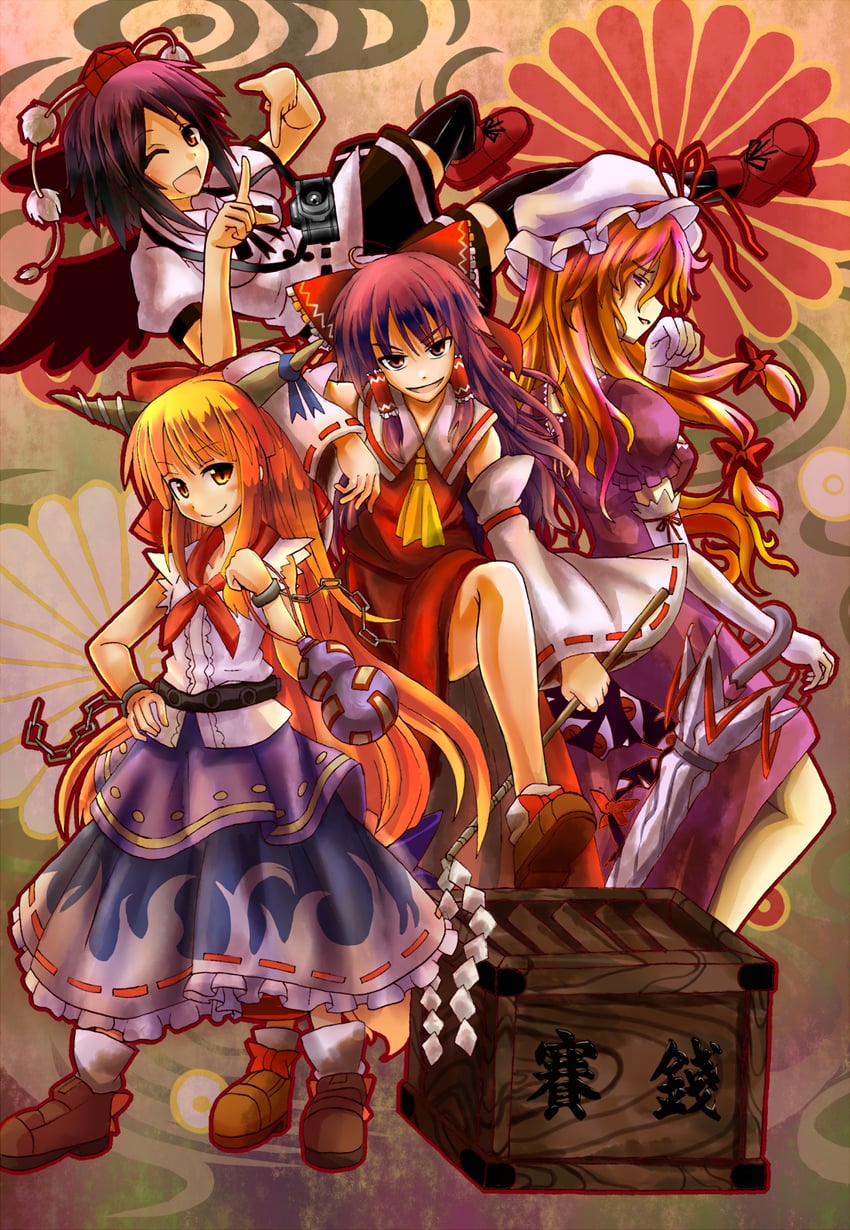 hakurei reimu, yakumo yukari, shameimaru aya, and ibuki suika (touhou and 1 more) drawn by tanakara