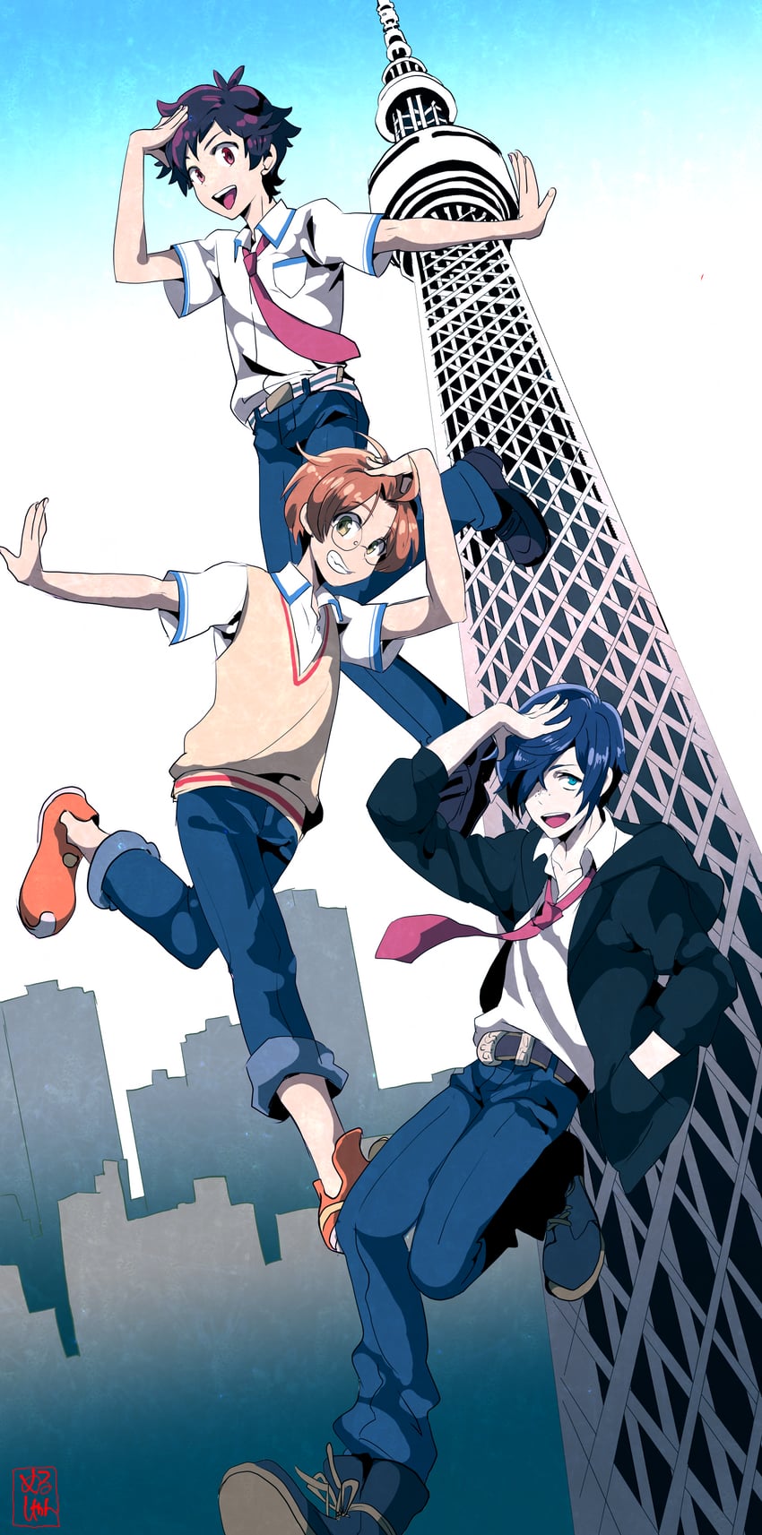 jinnai enta, kuji toi, and yasaka kazuki (sarazanmai) drawn by melchan