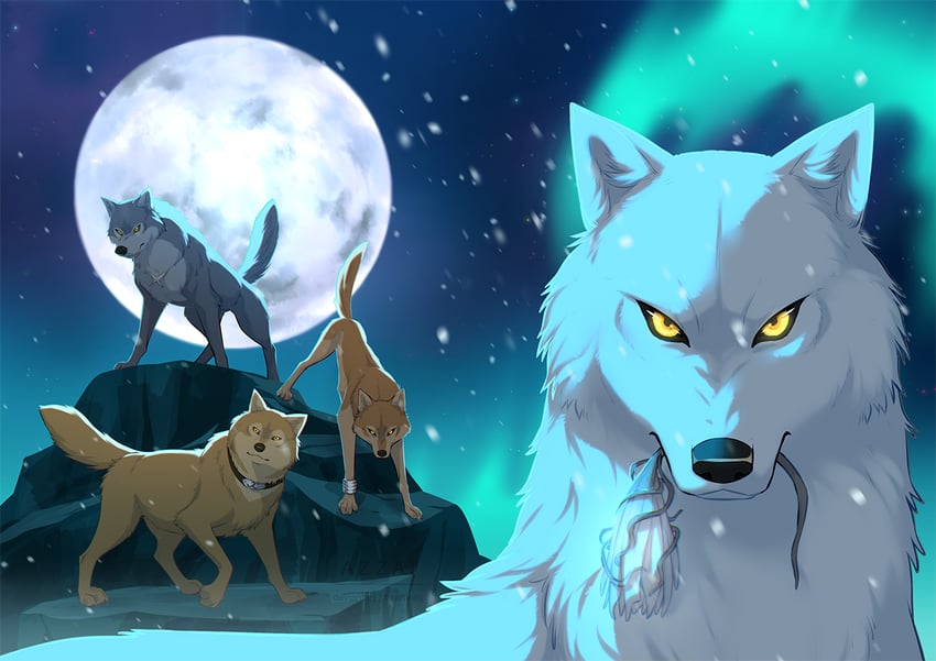 kiba, tsume, toboe, and hige (wolf's rain) drawn by azzai