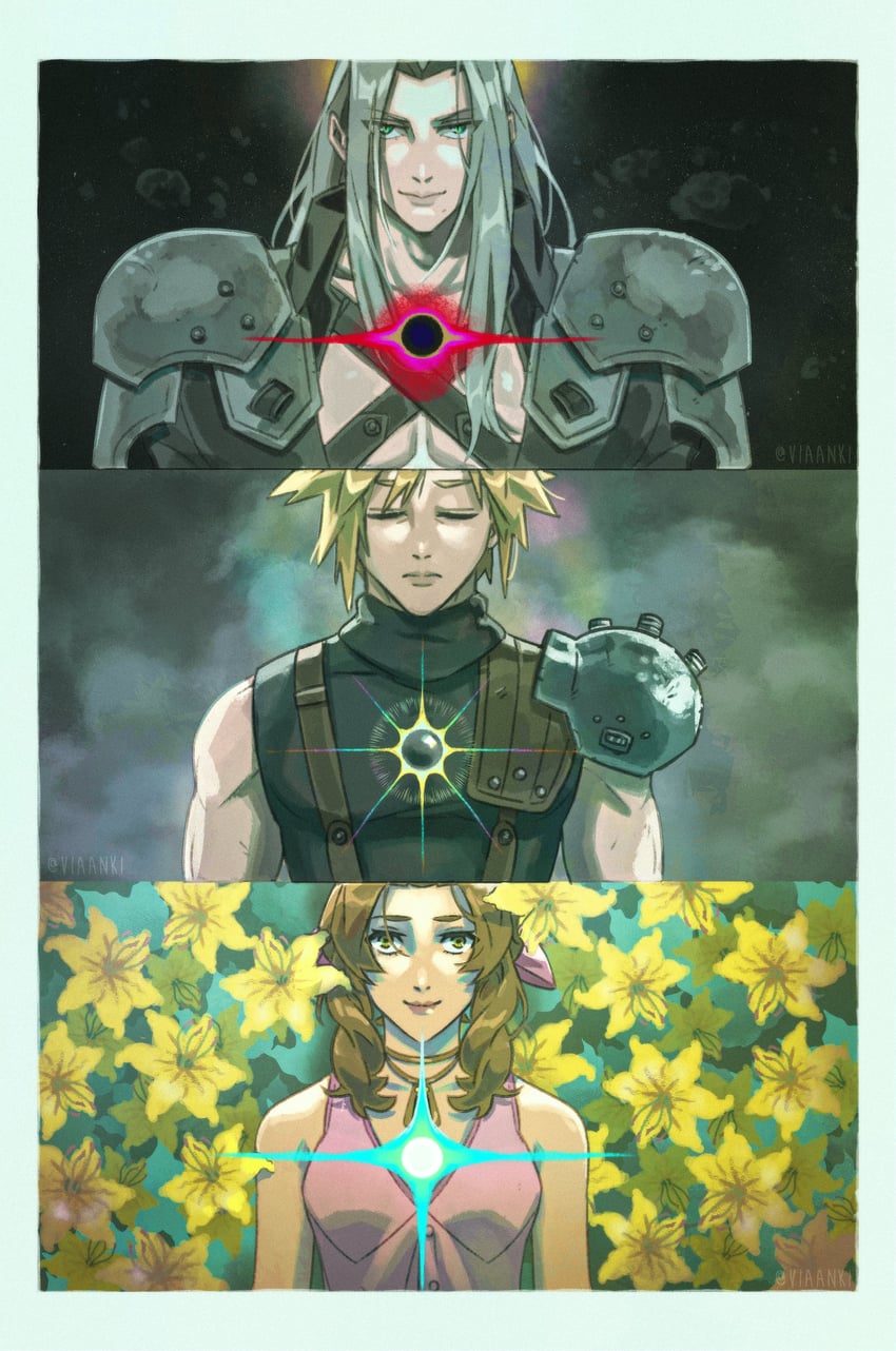 cloud strife, aerith gainsborough, and sephiroth (final fantasy and 3 more) drawn by emi-bianchi