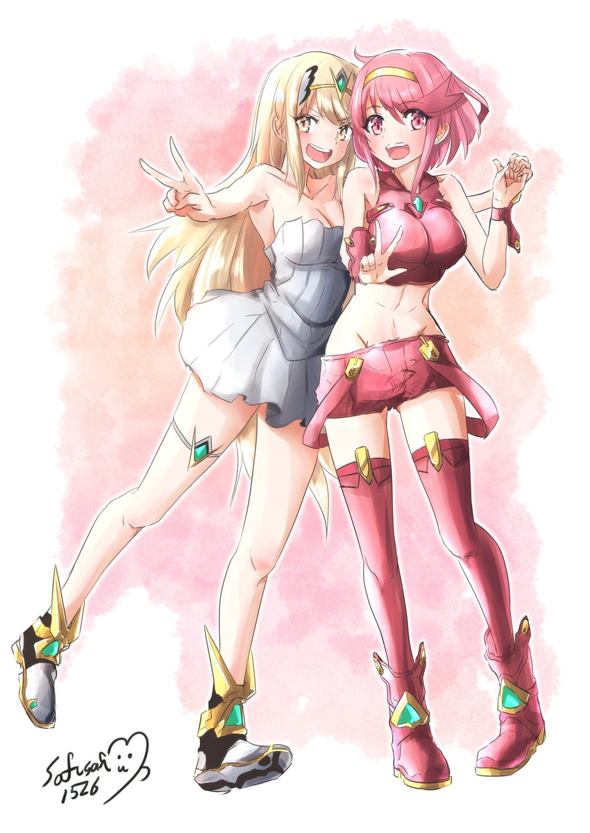 pyra and mythra (xenoblade chronicles and 1 more) drawn by sofusan1526