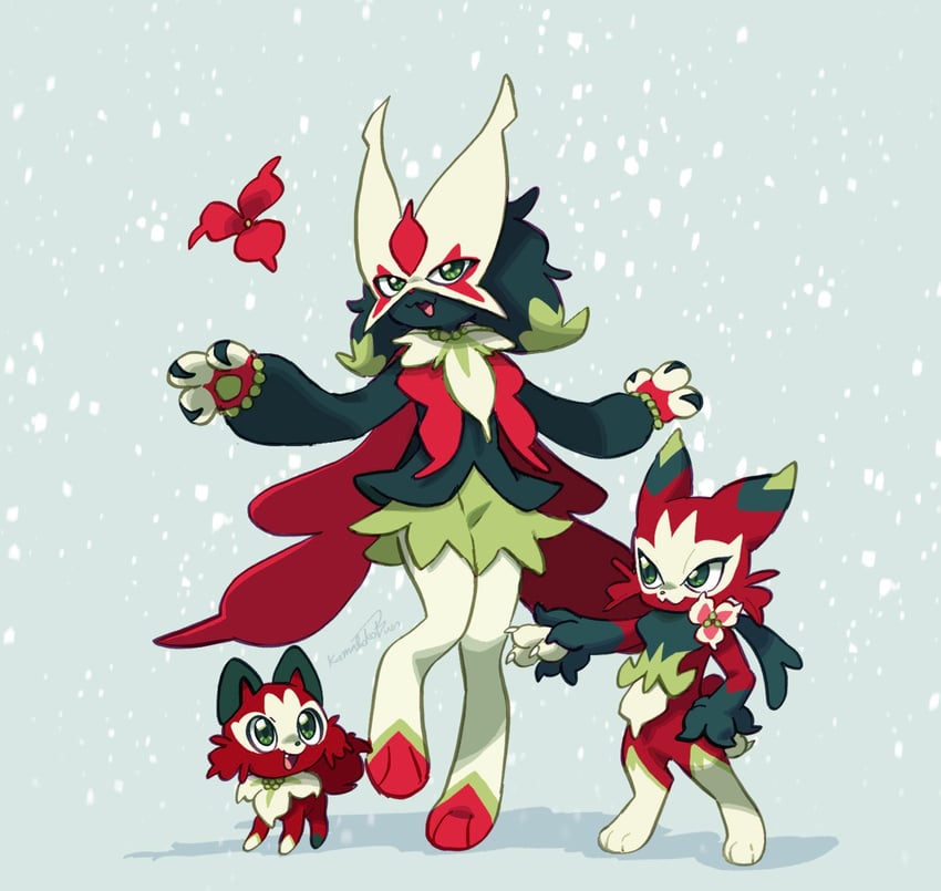 sprigatito, meowscarada, and floragato (pokemon) drawn by kamabokobun