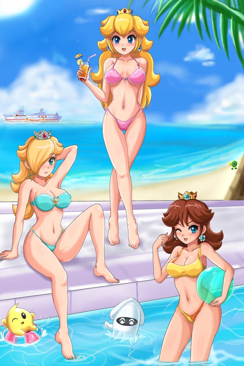 princess peach, rosalina, princess daisy, luma, blooper, and 1 more (mario) drawn by sigurd_hosenfeld