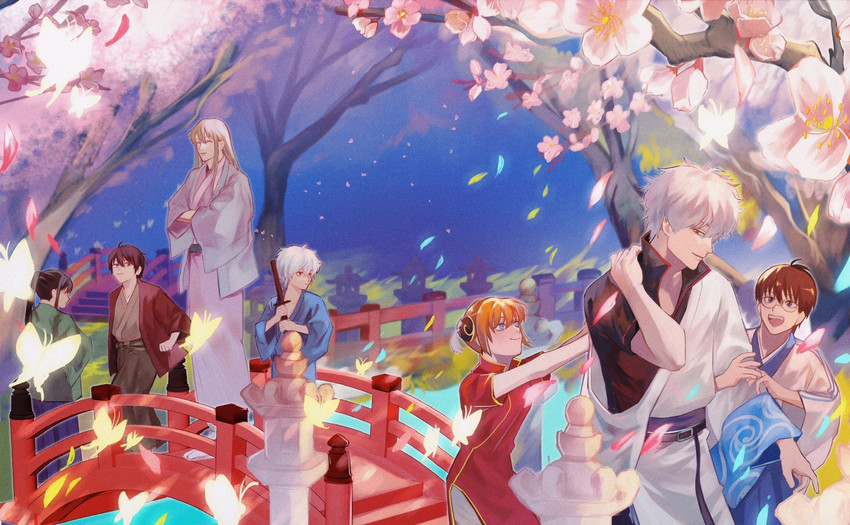 sakata gintoki, kagura, shimura shinpachi, takasugi shinsuke, katsura kotarou, and 1 more (gintama) drawn by kass_(jtsp0)