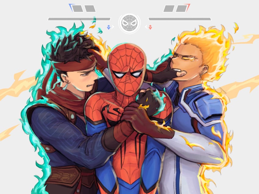 spider-man, iron fist, lin lie, johnny storm, and human torch (marvel and 3 more) drawn by melondeezp