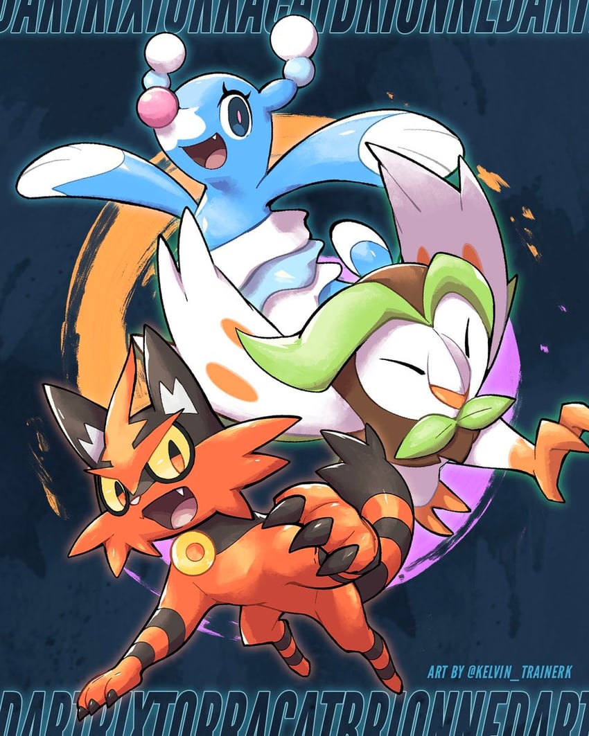 brionne, dartrix, and torracat (pokemon) drawn by kelvin-trainerk