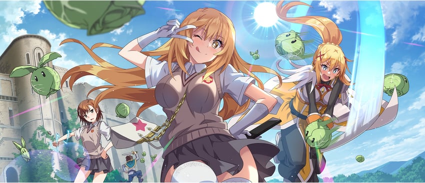 misaka mikoto, shokuhou misaki, darkness, satou kazuma, and cabbage (toaru majutsu no index and 3 more)