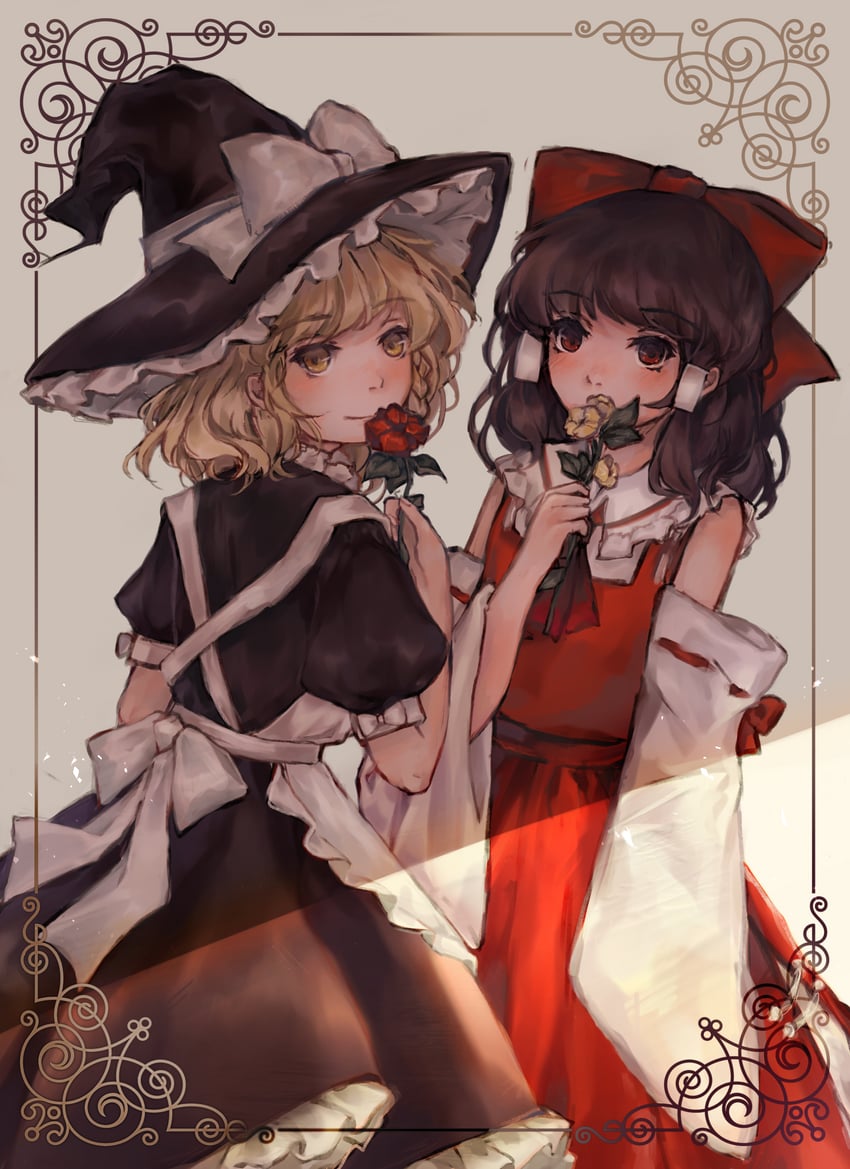 hakurei reimu and kirisame marisa (touhou and 1 more) drawn by hanaya_(fleur)