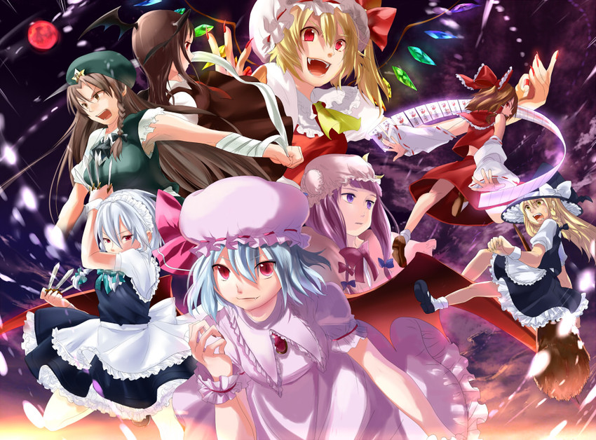 hakurei reimu, kirisame marisa, remilia scarlet, flandre scarlet, izayoi sakuya, and 3 more (touhou and 1 more) drawn by ume_(plumblossom)