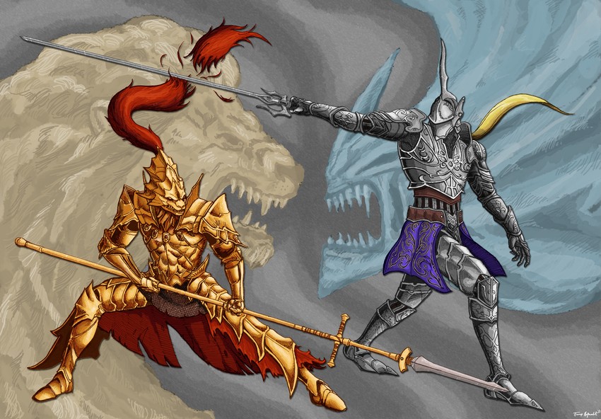 dragon slayer ornstein and penetrator (dark souls and 2 more) drawn by menaslg