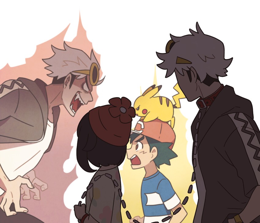 pikachu, ash ketchum, selene, and guzma (pokemon and 1 more) drawn by ssalbulre